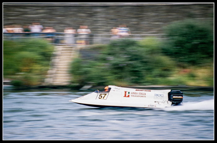 Power Boat Racing
scanned slide film - home E6 processing. Power boat racing Bristol Docks circa 1992 - the docks are narrow and these boats used to belt along up close to the spectator area.
Keywords: Bristol Docks Power Boat Racing
