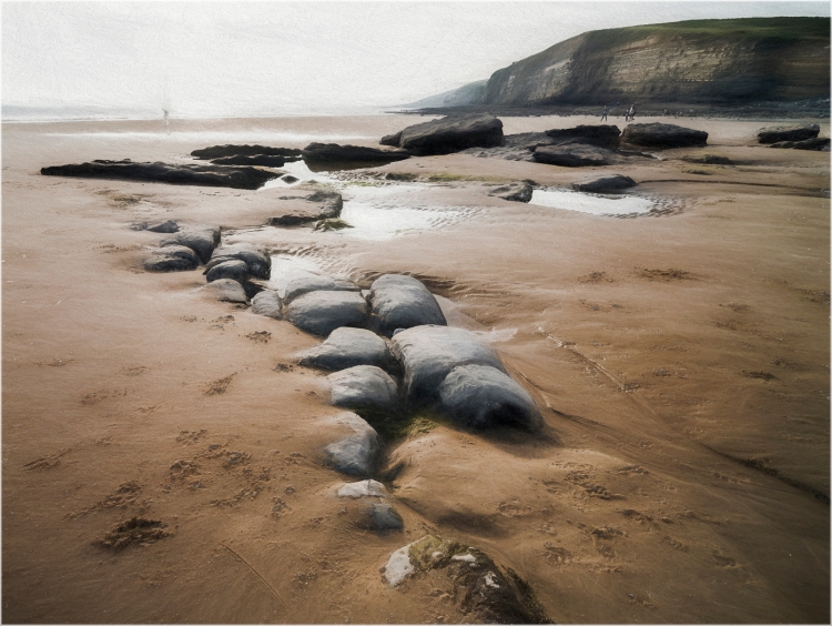 2018-06-05 club night at Dunraven Bay. Experiments with 'painterly' effects in processing. I like how the cliffs in the distance came out, so I'm happy with the way the rocks lead you there.
